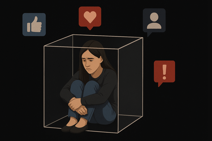 A woman sits in a clear cage with social media icons out of reach outside.