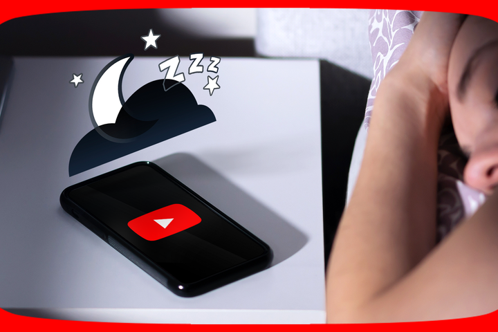 A woman sleeping beside a phone showing the YouTube logo, with sleep-themed icons above. (1)