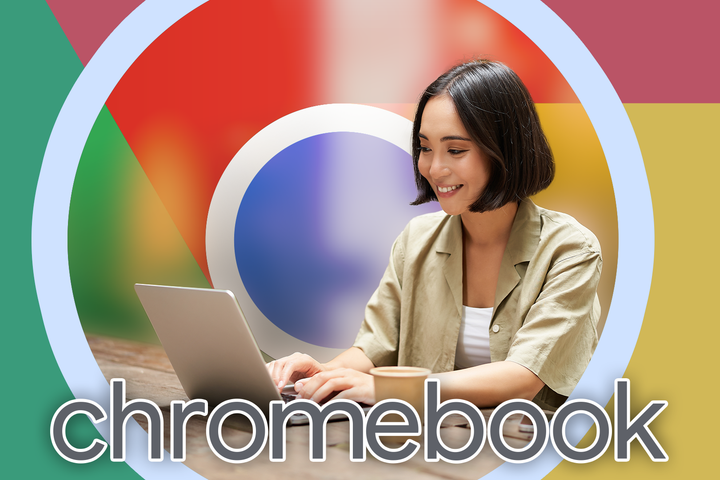 A woman using a laptop in a café with the Chrome logo in the background.