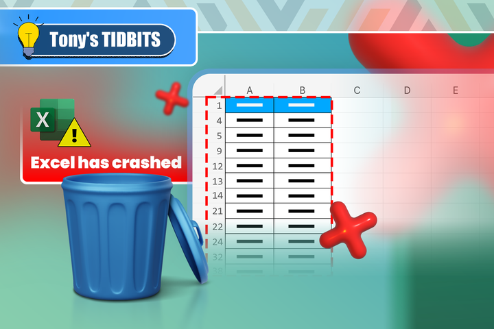An Excel spreadsheet with rows selected for deletion, a trash can beside it, and an alert showing that Excel has crashed.
