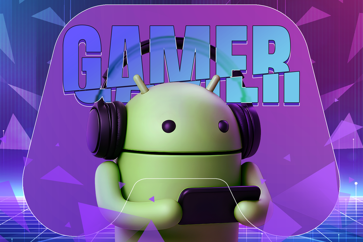 Android mascot wearing headphones and holding a smartphone, in a neon setting with geometric elements and the word 'GAMER' prominently displayed in the background.