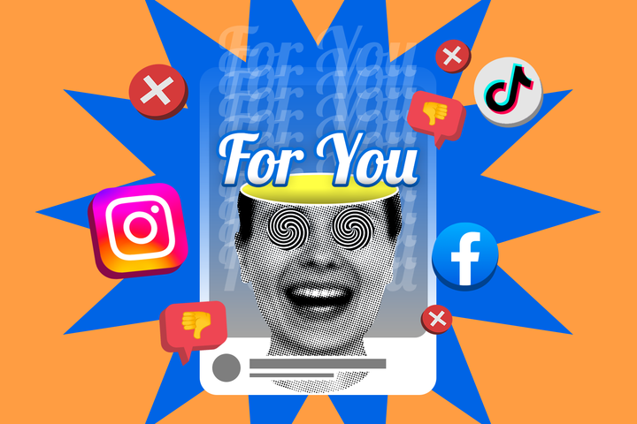 Conceptual illustration of a person hypnotized by the 'For You' page on social media, and logos of Instagram, TikTok, and Facebook surrounding the screen, along with thumbs down icons.