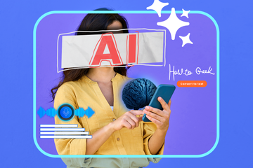Woman using her phone with an AI brain in front of the screen, a banner reading 'AI' covering her face, and some AI features beside her.