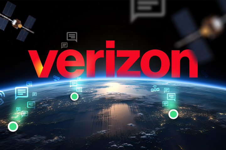 Earth seen from space, some green dots featuring message icons and the Verizon logo at the center.