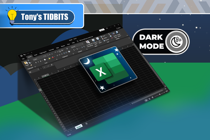 Excel in dark mode with a toggle switch turned on and the Excel logo in the center.