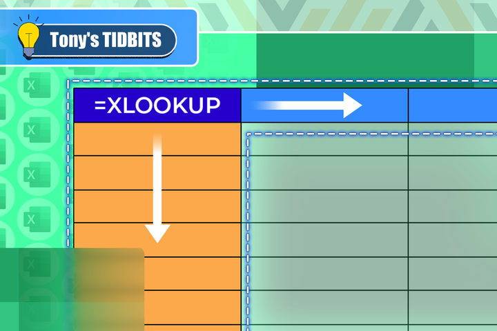 Excel spreadsheet highlighting the XLOOKUP function, with a vertical arrow pointing down a column and a horizontal arrow pointing right across a row, representing a two-way lookup.
