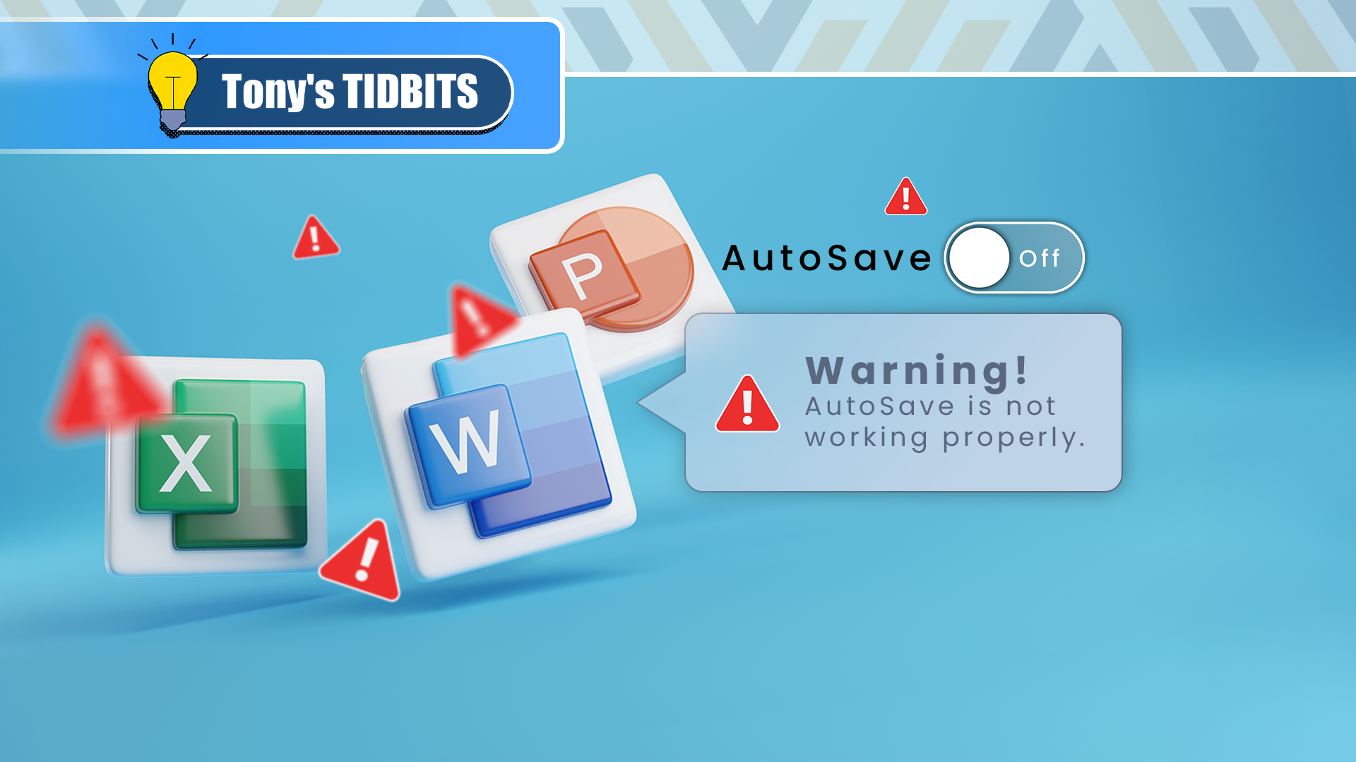 Floating Microsoft Office app icons (Word, Excel, PowerPoint) surrounded by red warning symbols, alongside an 'AutoSave Off' switch and a warning message.