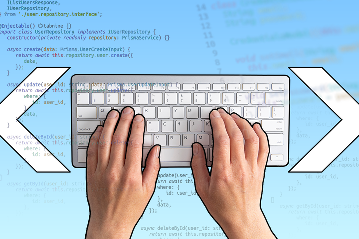 Hands typing on a keyboard with code snippets in the background and two angle bracket symbols on each side.