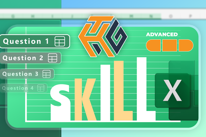 Illustration of an Excel spreadsheet with the word 'skill' as a bar chart, a list of questions on the left, the HTG logo in the center and an advanced skill level indicator on the right.