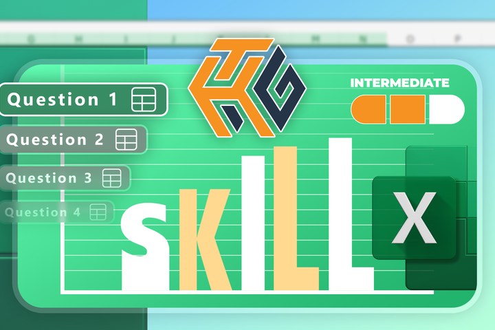 Illustration of an Excel spreadsheet with the word 'skill' as a bar chart, a list of questions on the left, the HTG logo in the center and an intermediate skill level indicator on the right.