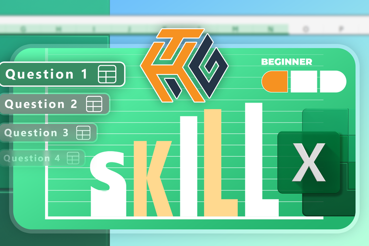 Illustration of an Excel spreadsheet with the word 'skill' as a bar chart, a list of questions on the left, the HTG logo in the center and a beginner skill level indicator on the right.