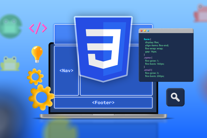 Illustration of a laptop with the CSS logo, a grid in the behind, and some icons around it.