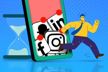Illustration of a man running away from a smartphone overloaded with social media apps, with an hourglass next to it.