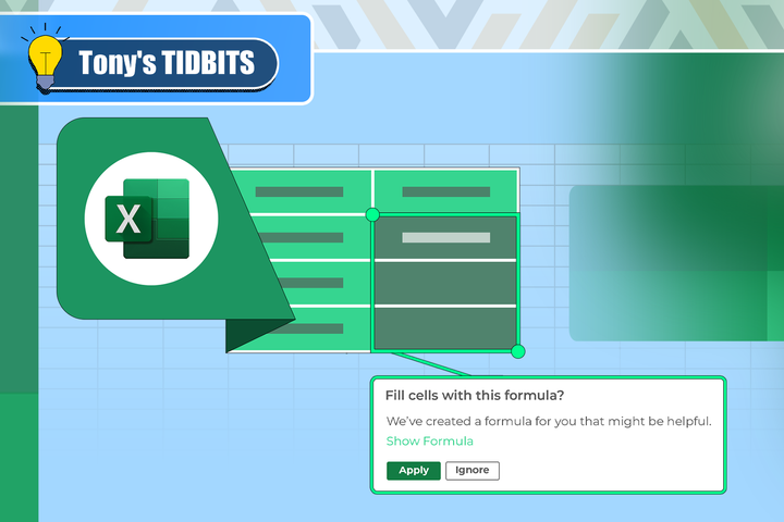 Illustration of a Microsoft Excel interface showing a pop-up suggestion that offers to auto-fill cells using a generated formula.