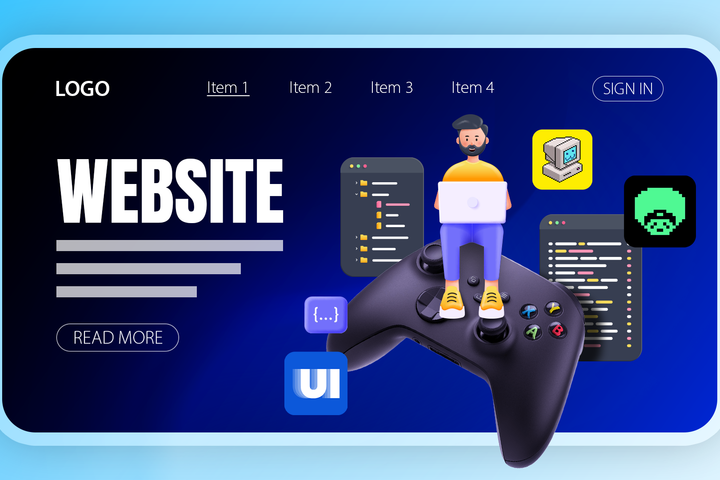 Illustration of a website interface featuring a character sitting on a video game controller, using a laptop, with various programming-related elements around.
