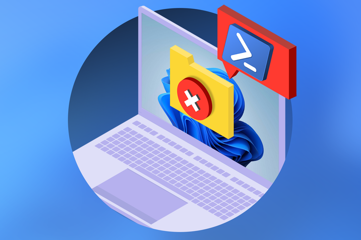 Illustration of a Windows laptop with a folder showing an error icon and PowerShell above it.
