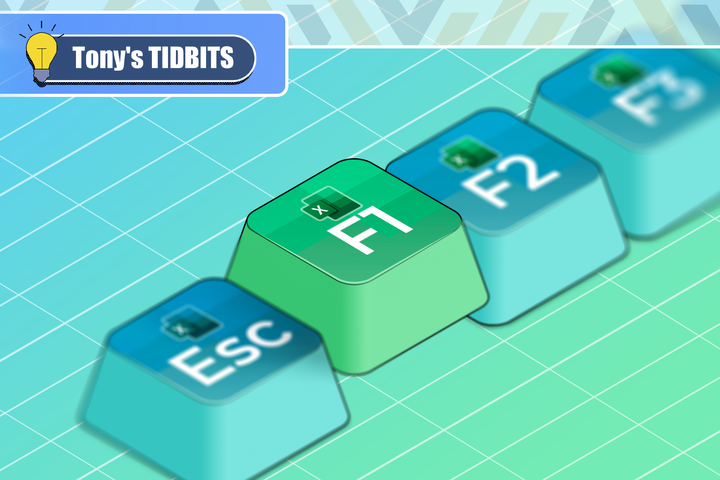 Illustration of Excel-themed function keys with the F1 key prominently raised at the center.