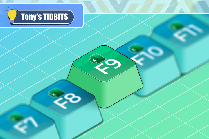 Illustration of Excel-themed function keys with the F9 key prominently raised at the center.