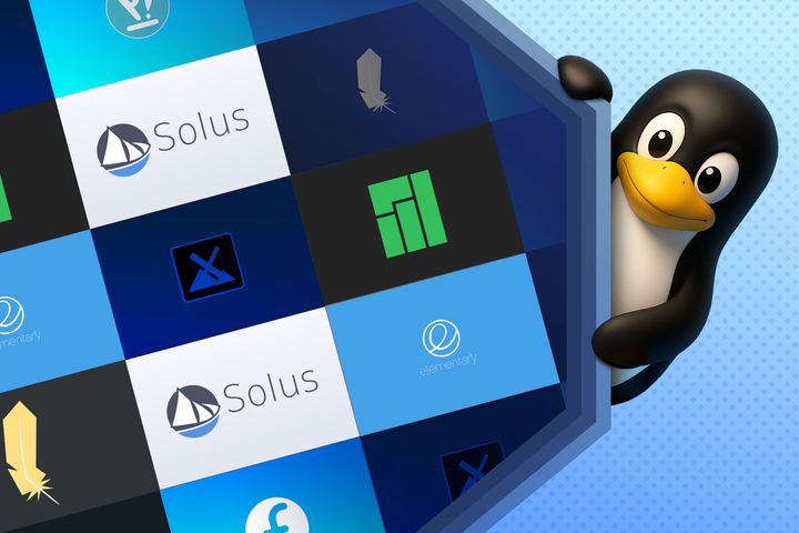 Illustration of the Linux mascot peeking out from behind a panel showing different Linux distribution logos.