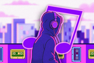 Illustration of a young person wearing headphones, some music tapes, and a blurred city in the background.
