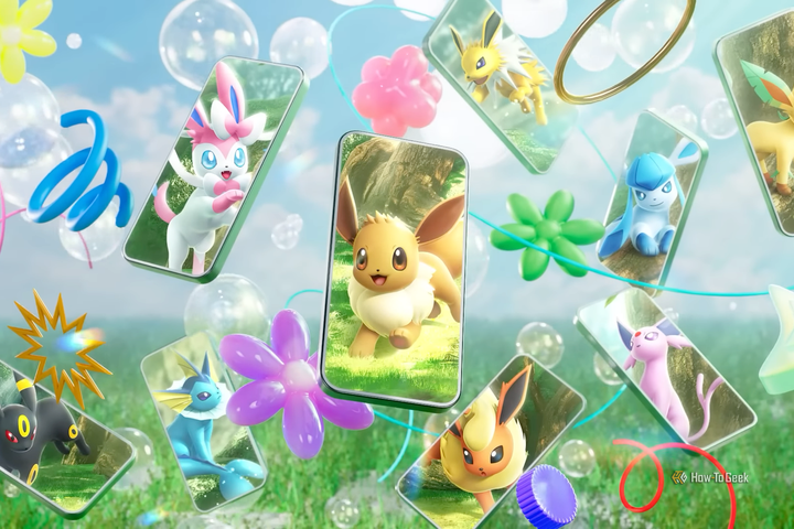 Eevee and its evolutions on phone-shaped screens for the Eevee Grove Pokemon TCG Pocket expansion.
