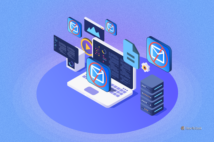 Isometric illustration of a laptop with a server beside it, various icons around, and email icons crossed out.