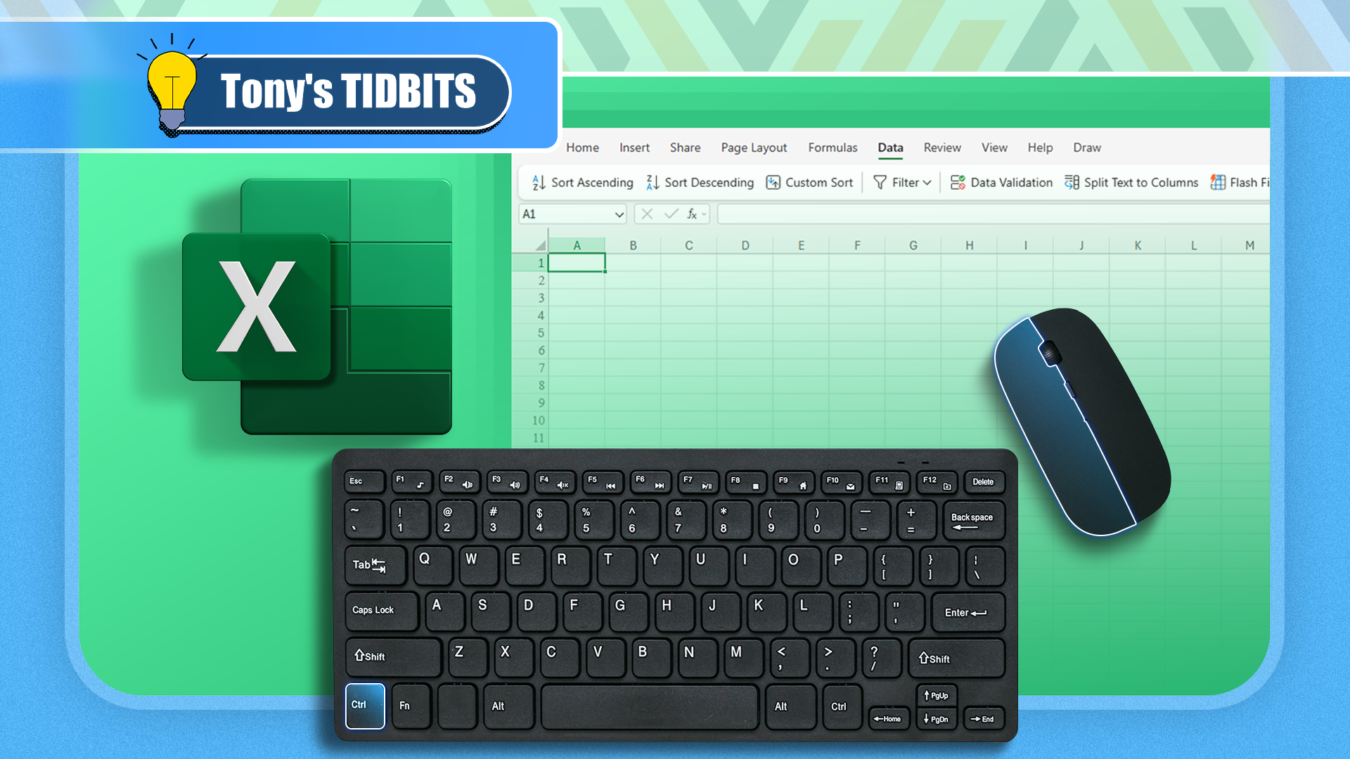 Keyboard and mouse in the foreground with an Excel interface behind, suggesting shortcut combos.