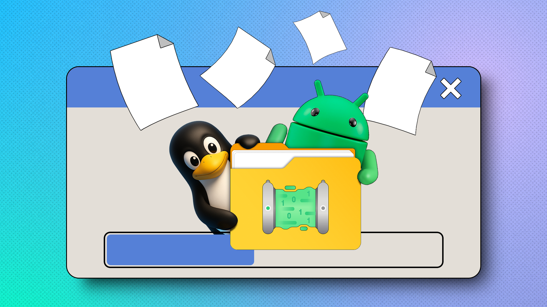 Linux and Android mascots inside a file transfer window, holding a folder with floating files around them.