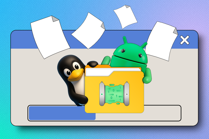 Linux and Android mascots inside a file transfer window, holding a folder with floating files around them.