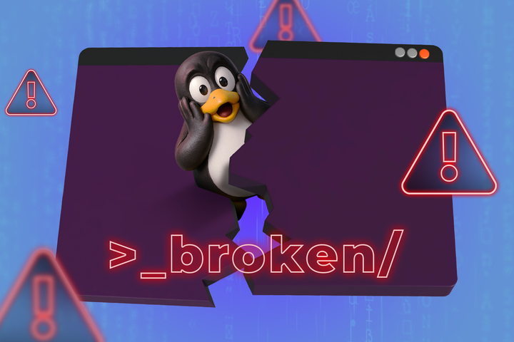 Illustration of the Linux mascot Tux with a surprised expression, emerging from the center of a broken terminal window, surrounded by warning icons, and 'broken' written in neon text.