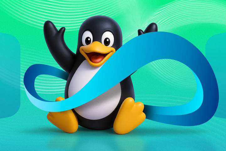 Linux mascot with an infinity symbol around it.