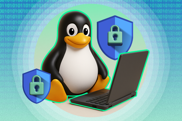 Linux mascot sitting next to a laptop with a security shield beside it.
