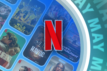 Netflix logo with several movies in the background.