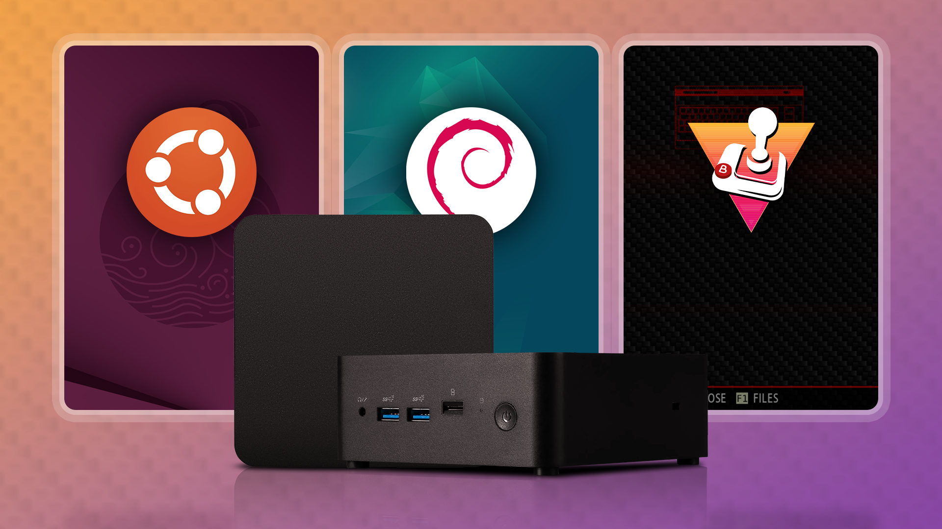 Mini PC with three screens behind it displaying logos of some Linux distributions.