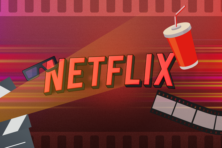 The Netflix logo with a clapperboard, 3D glasses and a movie film around it.
