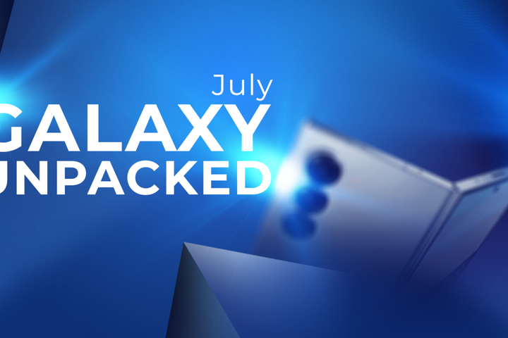 Promotional image for Samsung Galaxy Unpacked July event, with bold white text over a glowing blue background and a blurred foldable Galaxy phone on the right side.