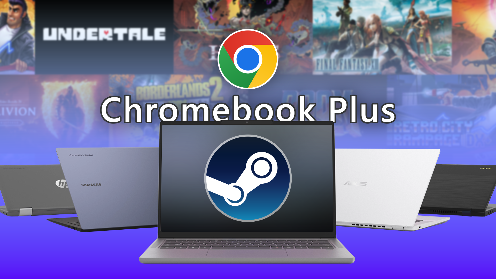 Several Chromebook Plus laptops with the Steam logo on the center screen, below the Chrome logo and 'Chromebook Plus' text, with a background featuring popular game titles.