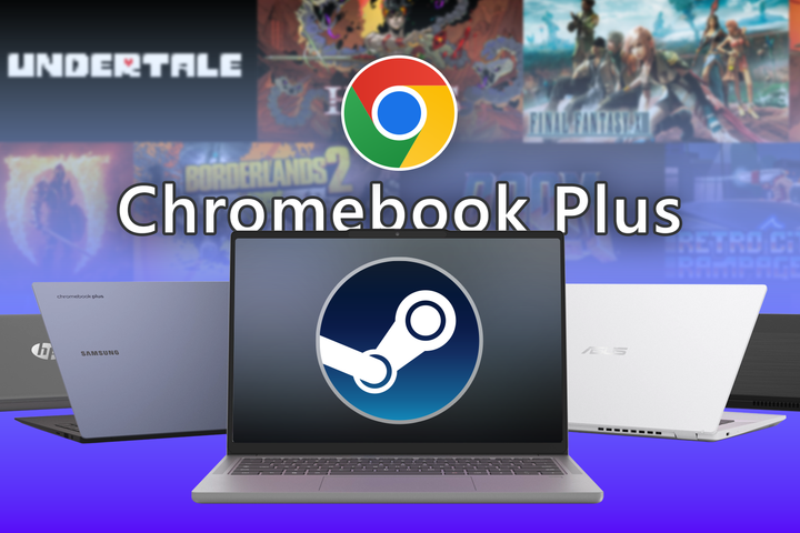 Several Chromebook Plus laptops with the Steam logo on the center screen, below the Chrome logo and 'Chromebook Plus' text, with a background featuring popular game titles.