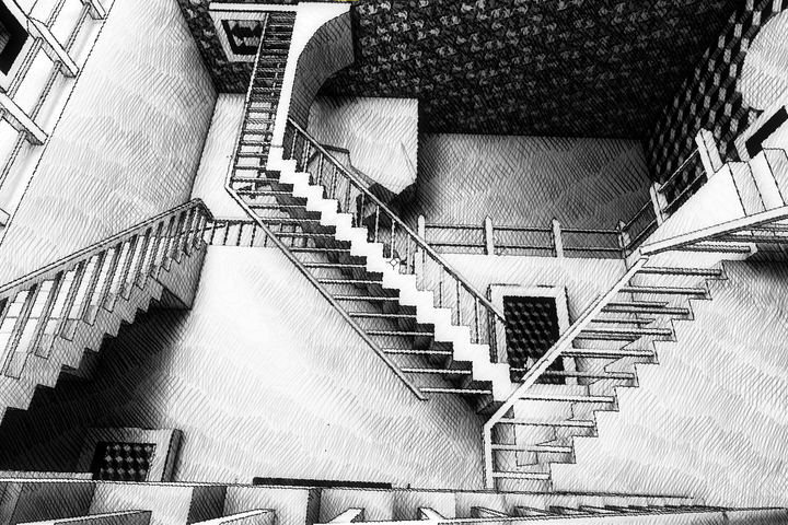 Several flights of stairs and doorways in Fragments of Euclid.