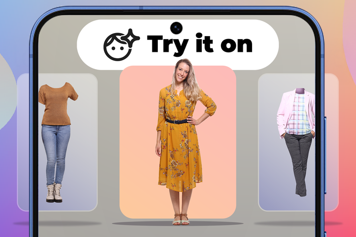 Smartphone screen showing a woman wearing a yellow dress in the center, flanked by two alternative clothing outfits, with Google’s 'Try it on' feature at the top.