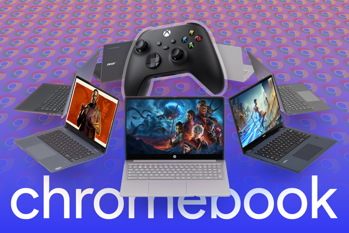 Some Chromebooks side by side running games, with a video game controller in the center.