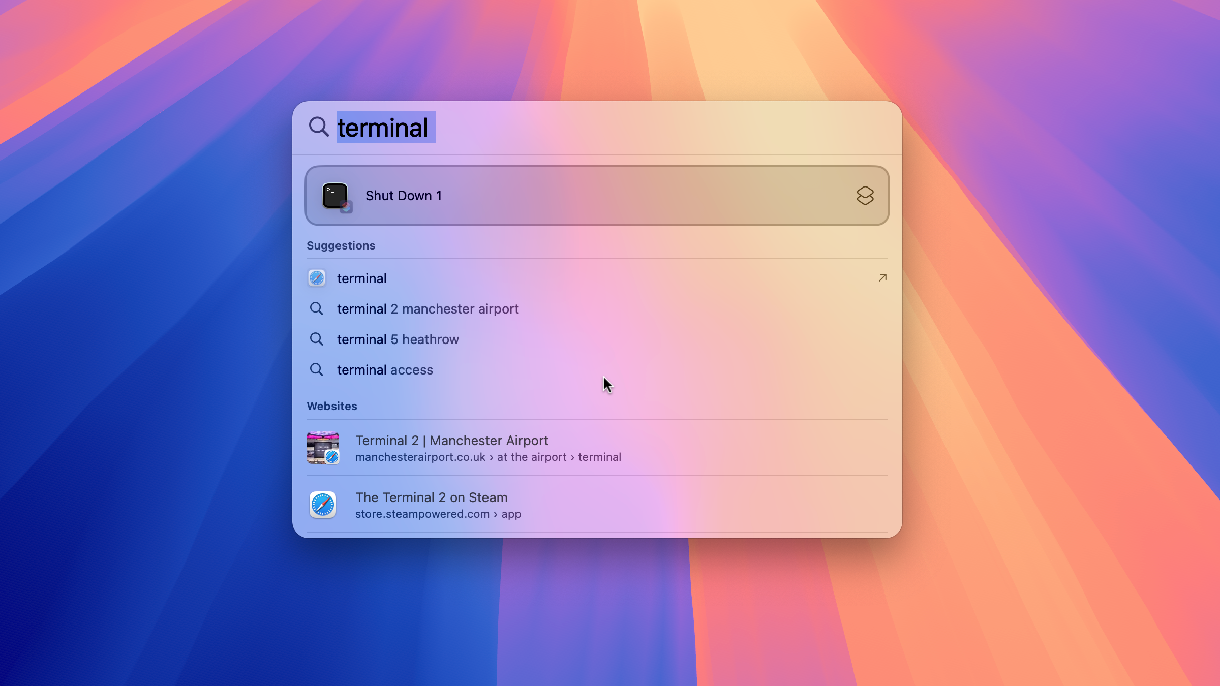 Spotlight on Mac with Terminal entered in the search field but no Terminal app results displayed.