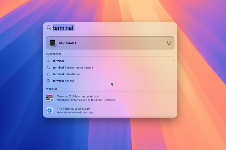 Spotlight on Mac with Terminal entered in the search field but no Terminal app results displayed.