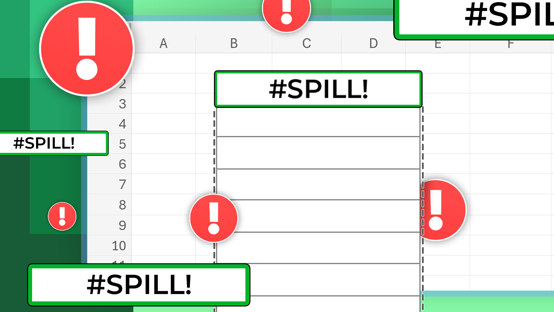 Spreadsheet filled with multiple #SPILL! errors and red exclamation icons, representing issues with Excel dynamic array formulas.-1