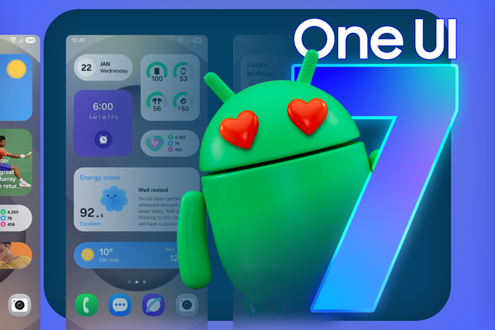 The Android mascot with heart-shaped eyes stands next to the 'One UI 7' text, with screenshots of the One UI 7 interface displayed on the left side.