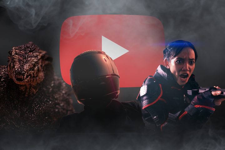 Three sci-fi characters in a smoky dark scene with the YouTube logo at the center.-1