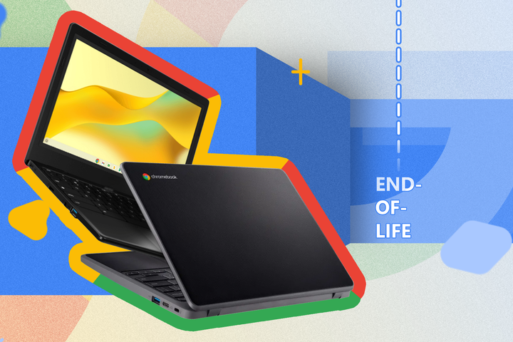 Two Chromebooks and, on the right, 'END-OF-LIFE' written, indicating the end of official support.