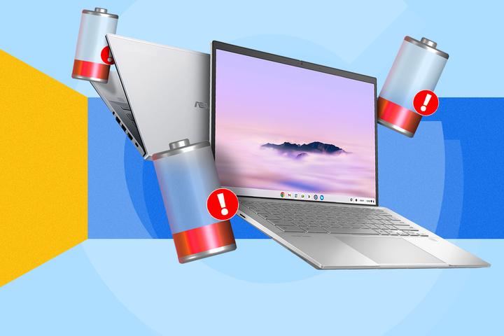 Two Chromebooks surrounded by nearly empty battery icons with red warning symbols.