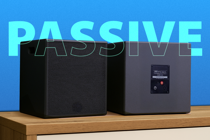 Two passive subwoofers side by side on a wooden table, one showing the front grille and the other its back panel.
