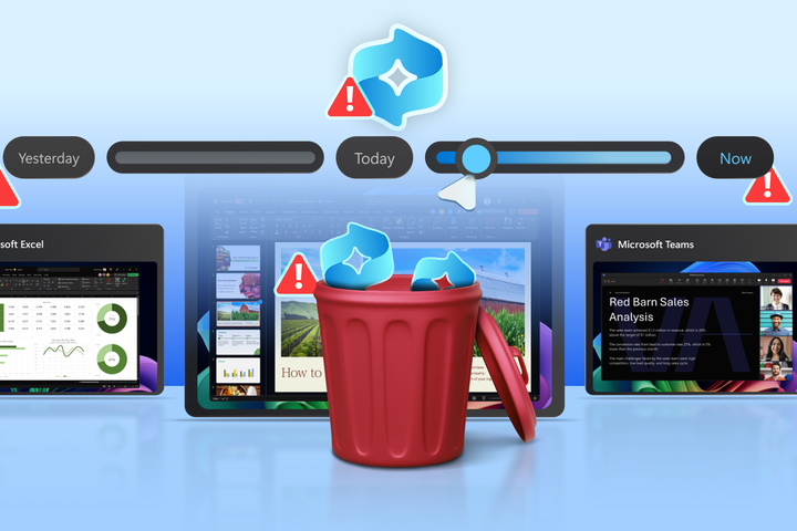 Windows Recall in use, with a trash bin in the center containing the Recall logo.